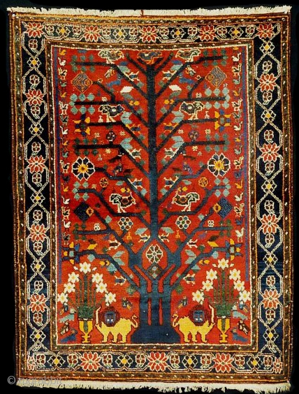 This is a first half of the 20th century Persian Neyriz wool-on-cotton rug in the Tree of Life design with avian motifs. The weavers in this small Fars town in southwest Iran  ...