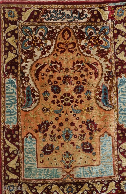 Beautiful Hand-Knotted Silk on Silk and Silver  Brocade Turkish Hereke signed (ÖZEL HEREKE) c.92x61 cm  (circa 1950) 

This is a rare masterpiece from the Özel atelier in Hereke.  It  ...