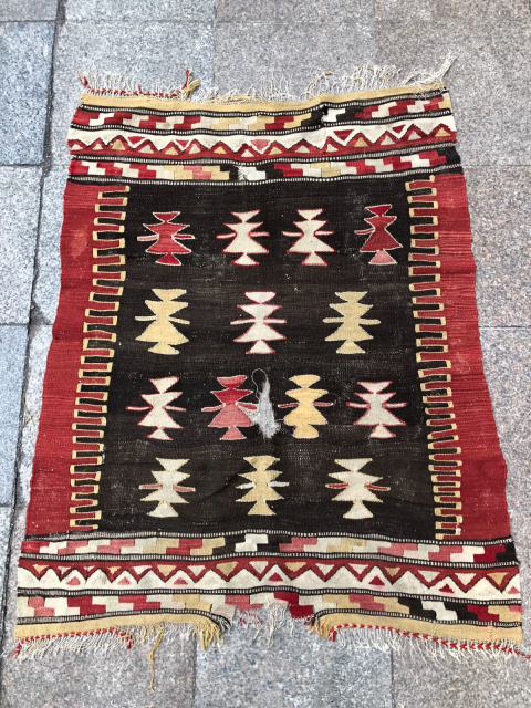 Soffreh Kilim (100x120cm) 
Manastir Region (Bitola), Southern Balkans
Late 19th – Early 20th Century
Wool, slit-tapestry weave

This compact kilim likely functioned as a soffreh—a woven cloth for communal meals—allowing up to four individuals to  ...