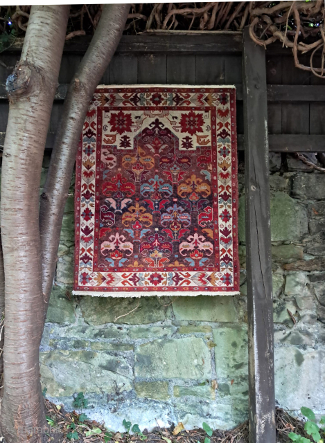 A lovely small-format Daghestan prayer rug with Bidjov motifs. Short pile, cotton base. Small defect reflected in the price 
1930-40s A very decorative piece from the Stalinist era
You may want to read  ...