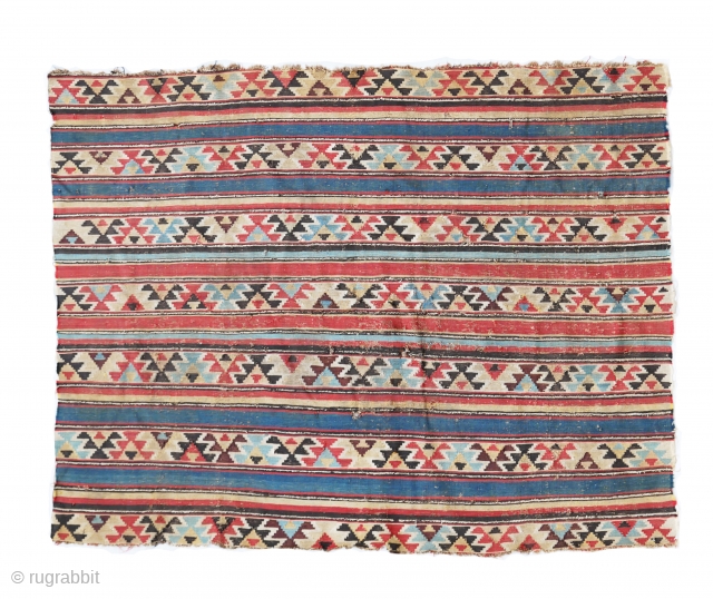 A very old, probably predating the 1880s-frenzy Shirvan kilim 175x133cm (most likley fragmented)
Some weear, a hole here and there but good structure and colour.
Need to be washed      