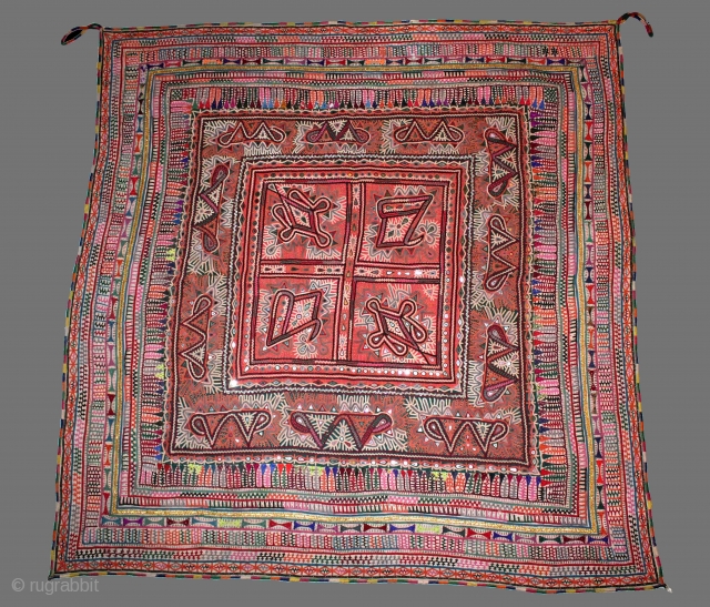 kutchi Wall Hanging dowry gudri (quilt) from kutch region Gujarat India.Chain stitch work with mirrors and applique work.Its size is 113cmX117cm.(IMG0010).            
