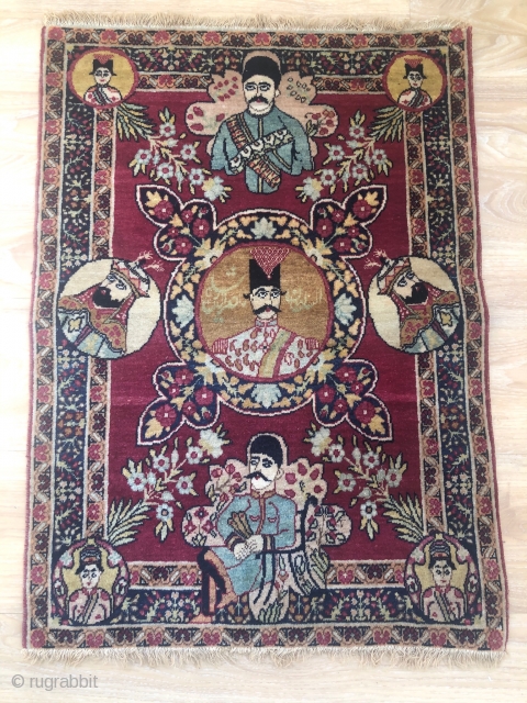 An antique Pictorial Kerman about 100 years,in a mint condition,size:79,5x57,5 cm,this rug shows Naser ad-din Shah,who was shah between 1848-1896,we see in this exceptional rug Sattar Khan and Baghar khan two Iranian  ...