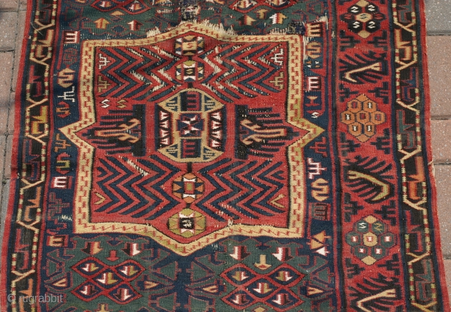 A 2'10"x4'2" 19th century Dagastan Kilim with all good old colors,unusual design.Some wear and a couple areas of old repair.             