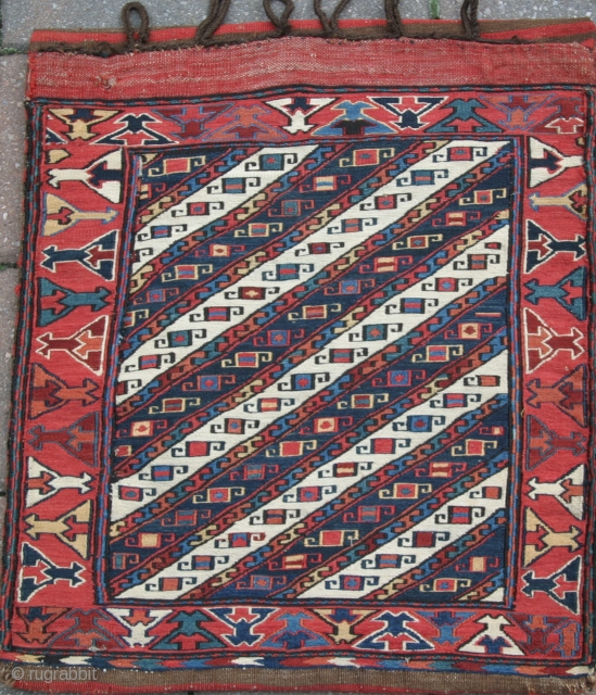 A nice 1'8"x1'11" 19th c. Caucasian soumak bag with the original back in tact. Featuring a Moghan style border. Very good condition.           