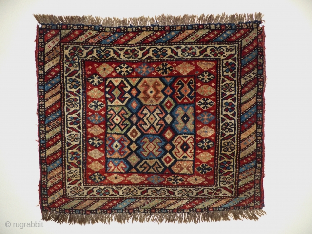 Rare Shahsavan bagface, wool on wool, with the original shirazi.Around 1900. Soft lustrous wool ,with striking colors.size 60 x 70 cm 
           