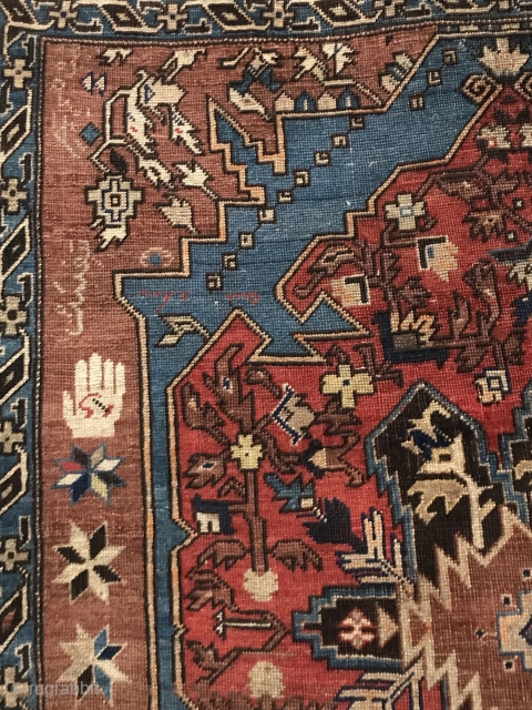 Caucasian rug inscribed in three places (hard for ne to read) with a graphic in upper left field, of hand with hammer sickle in the palm (no translation needed) “Stop Communism”   ...