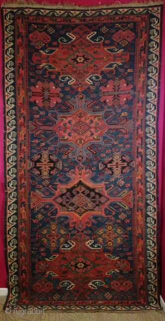 An antique Seychur, Kuba, Daghestan Sumak Kilim with 232/118 cm. Smallest demages. Original endings. No repairs. Natural dyes green, blue madder. Synthetic dyes red and orange.       