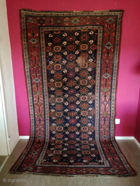 An antique Veramin with 292/154 cm. On wool rug. Good shape with signs of use. Small area with need of repile.            