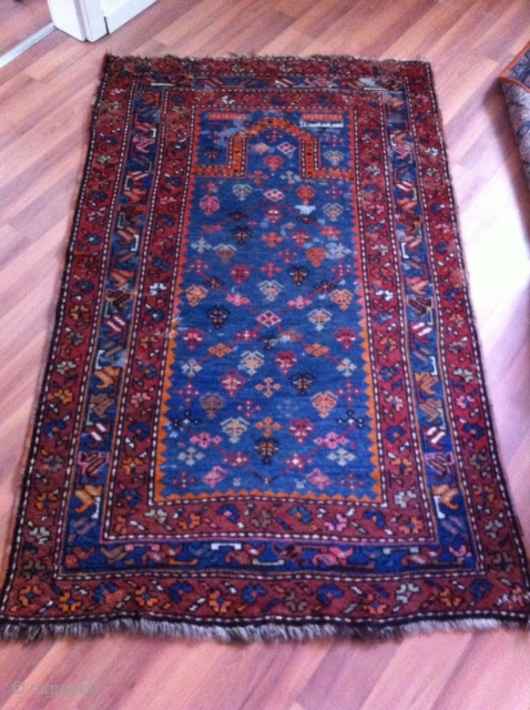 1323 dated Kasak prayer rug with 158/94 cm. Good pile with repiles and demages.                   