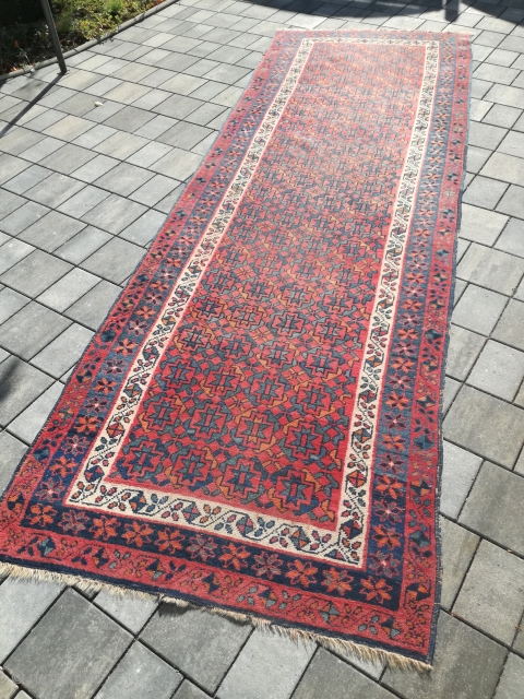 An antique Beshir runner with 332/113 cm. In as found condition.                      