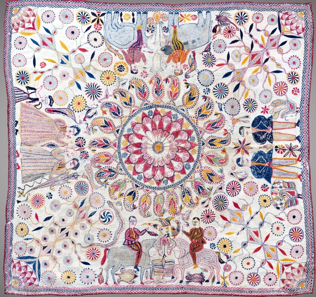 Kantha quilted embroidery
Early Twentieth century

This baytan kantha has a large central mandala with a traditional pelated form surrounded by boteh, or paisley motifs, and four tree of life forms. between them are  ...