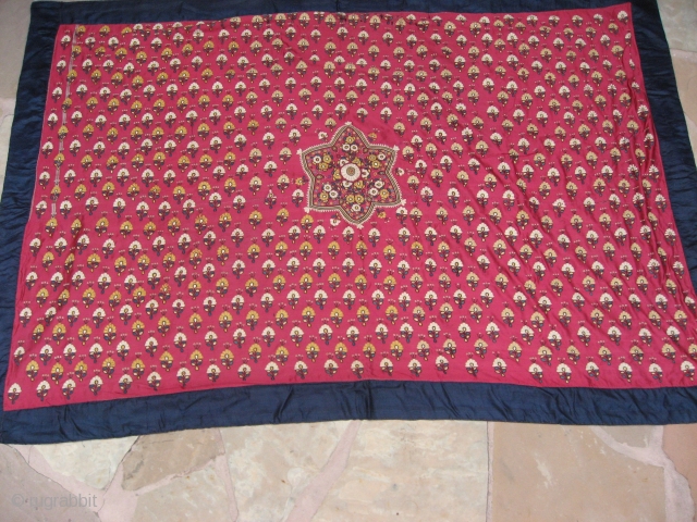 Indian Silk Embroidery. 19th century, possibly earlier?  Good colors and condition with some small splits in the ground silk (see photos) 6'11" x4'8".  These pieces usually do not have the  ...