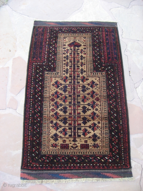 Beluch Prayer Rug 4'9" x 2'9".  All beautiful natural colors, Good condition, some brown corrosion, small repair at bottom center (see detail photo), and at kilim corners.     