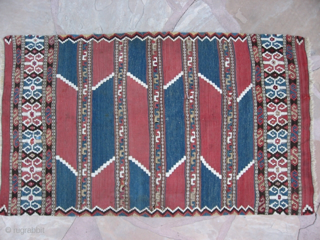 Manastir kilim.  Good colors, a few small crude repairs, hole at end. 3'9" x 2'2".  Dirty.
               