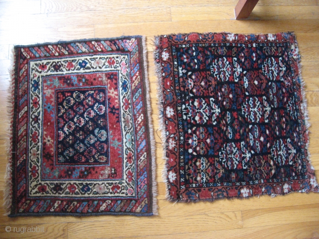 Two great kurdish weavings. Both have thick glossy pile with natural colors including aubergine.The one with large booths in the field is nibbled around all sides, but otherwise is fantastic.  The  ...
