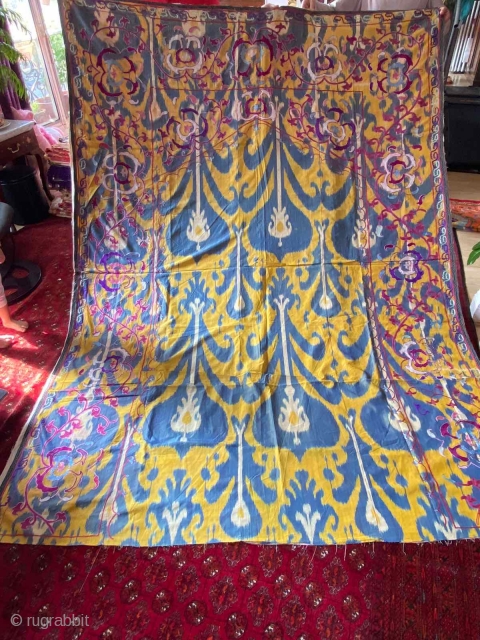 Exceptional antique Uzbek suzani on yellow Ikat.....                          