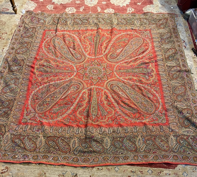 An exceptional Indian hand embroidered 19th century shawl, rare red center, very good condition, size is almost 2m/2m               