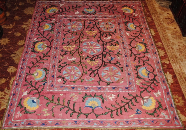 19th century Lakai Suzani, very fine embroidery, silk on silk embroidery, good condition, apart in some areas the silk is little used, but thats normal for its age, the size is 150/120  ...