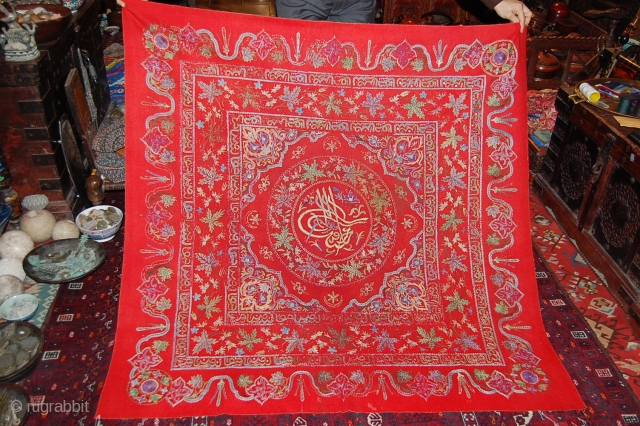 Beautiful 19th century Old ottoman textile, very fine embroidery on red felt, great condition, size is about 170/170 cm.              