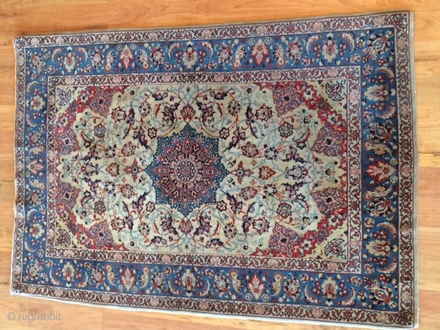 This is an antique and extremely rare Persian Isfahan Rug. The size of this rug is 3' - 5" x 5'. The rug has around 650 knots per inch. I have shown  ...