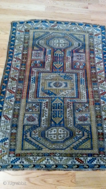  Shirvan 19th cen.  62"x44"wool on wool, keyhole pattern, needs some work ...or not,..small hole and sewn area              