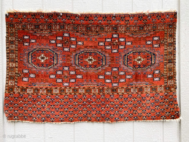 Fine Tekke chuval,mid- 19th C. 46" x 28".  Very finely knotted with light blue wool framing the guls.  Very good pile and overall condition. Field color is darker/deeper than pictured.  ...