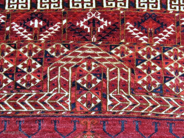 Tekke engsi, 3rd qtr. 19th C., 4' x 4'11".  This engsi is in almost full pile. The colors, all natural, are rich and nicely saturated. Wool is of the finest quality.  ...