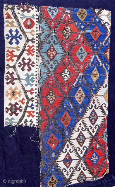 Late 18th or early 19th C. Antolian kilim fragment from the Konya area, 34" x 58".  Narrow section 23" wide. Colors are softer and much more attractive in person.   