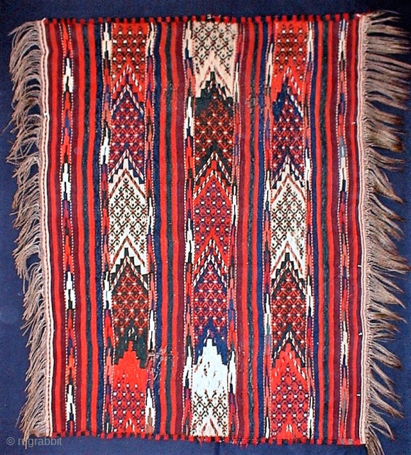 Rare and beautiful 19th C. Yomud prayer kilim, 31" x 41". Very unusual to see a kilim of this type not woven in a saph format. Warp threads appear to be ...