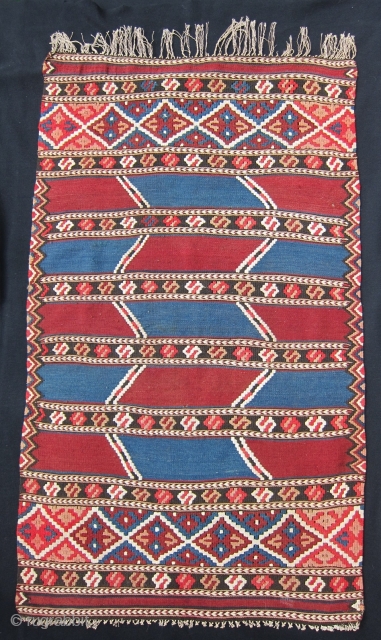 Finely woven and beautifully composed Monastir small kilim,  22" x 38", in excellent condition.  Note the outlining of the color blocks, and finely drawn detail of ends and sides.  