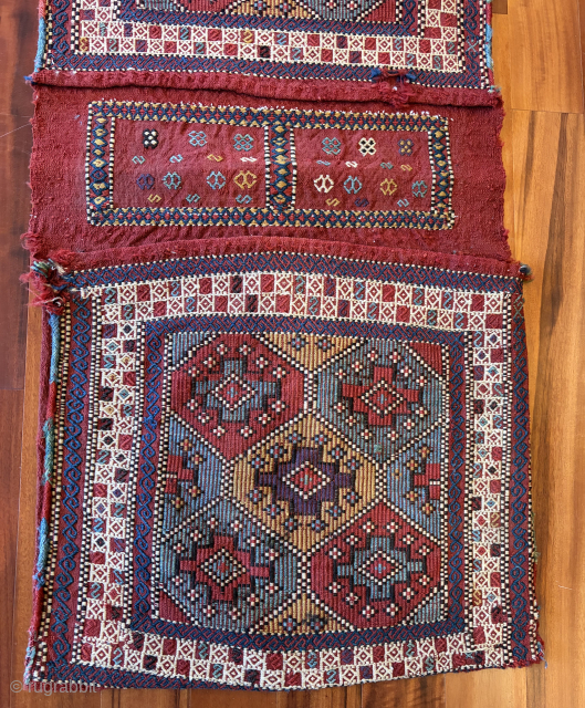Late 19th C. Anatolian Zili woven saddlebags, 1'9" x 3'7" in excellent condition except for a small hole in the border of one of the bags, and a stain approx. 2" x ...