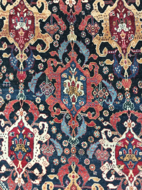 Qashqai carpet circa 1880, 4'4" x 7'8".  Beautifully drawn medallions with balanced colors.  Good pile.  Damage to one end,small hole, minor repairs, but otherwise in very good condition.   ...