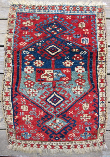 Late 19th C. E. Anatolian yastik, 29" x 21".  Fine weave with an unusual color palette for this group of yastiks.  All natural dyes. Excellent wool quality, and excellent condition.  ...