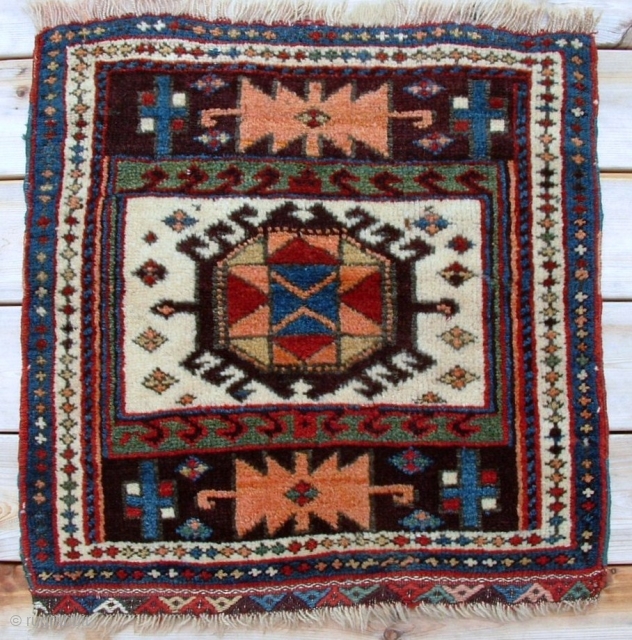 Kurd bag face, Late 19th C., 2'1" x 2'1".  Probably one of the best of type with excellent drawing, beautiful wool and dyes.         