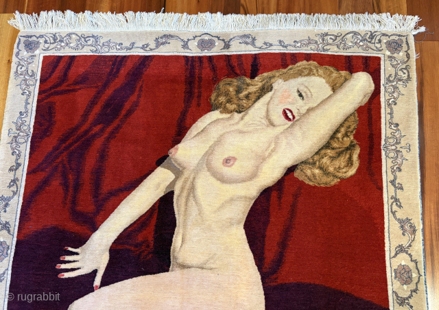 A ravishing blonde beauty woven in Kashan, Iran, in the 1970’s, 3’7” x 3’11”, 441 knots per sq. in., signed Nezam Afshari. An historical rug representing the embrace of Western culture ...