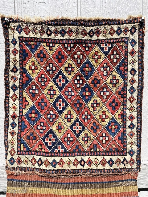  	Shahsavan of Moghan, 1/2 khordjin, 2nd 1/2 19th C., face 17" x 19", 17" x 39" open, a rare piled example that includes the striped back. Almost full pile, 3-4 very  ...