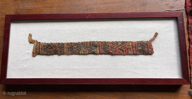 Complete Nazca headband 200 - 800 AD, mint condition 1 3/4" x 15", frame size 9" x 23". Mounted on linen under UV protected glass. Back may be easily removed for ...