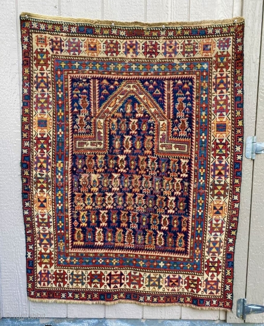 Marasali Prayer rug, 19th C., 3’7” x 4’7”; excellent array of naturally dyed wool colors on a deep blue/black field.  Small areas of wear, and 1 small area of re-knotting.   ...