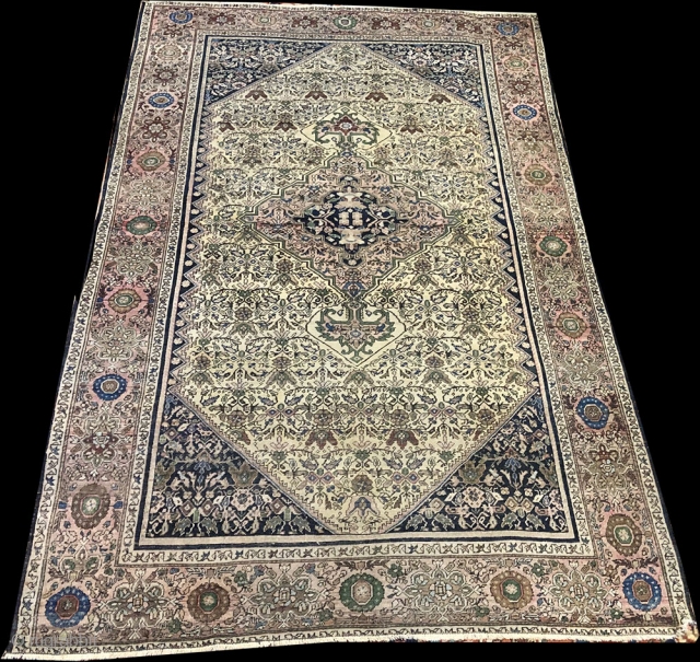 Antique Ferahan Sarouk, low even flat pile from top to bottom. shows wear. measures 4'-4" x 6'                
