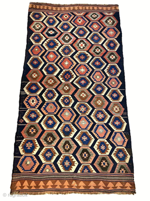 Intriguing Veramin Kilim (pre 1900) one of the old ones of this type which was mug shot by Parviz Tanavoli in two of his books, Shahsavan & Persian Flatweaves, lively colors great ...