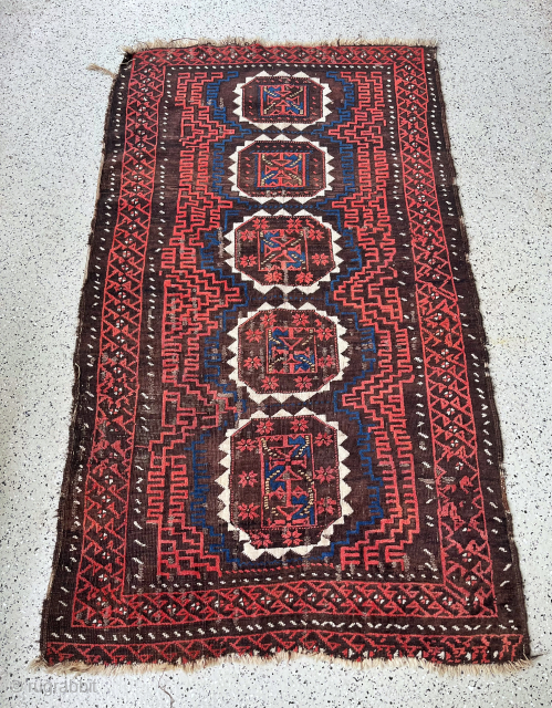 Baluch fragment pre 1880 with 5 Guls with famous Aghajari (Agac eri, ancient turkish names) border design which is influenced by Afshar tribes(Oghuz Turks) and Afshari rugs along with glowing blue maze ...