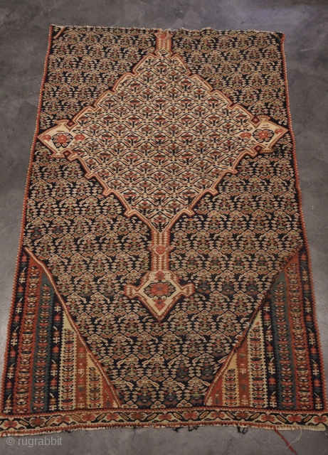 1850ish Senneh Kelim fragment something very rare and collectible in pristine quality excellent Moharamat design on both sides with very vivid colors 
Museum piece 
2000€ plus shipping
      