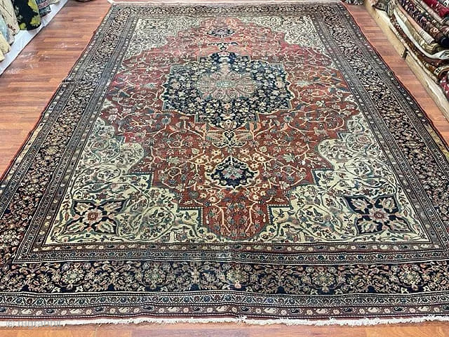 Majestic 1900-1910 Sarouk Farahan with a special color palette that suits interior designers and rug aficionados with great taste. The size is 8’9” x 11’ 6”. For an indoors video of the  ...