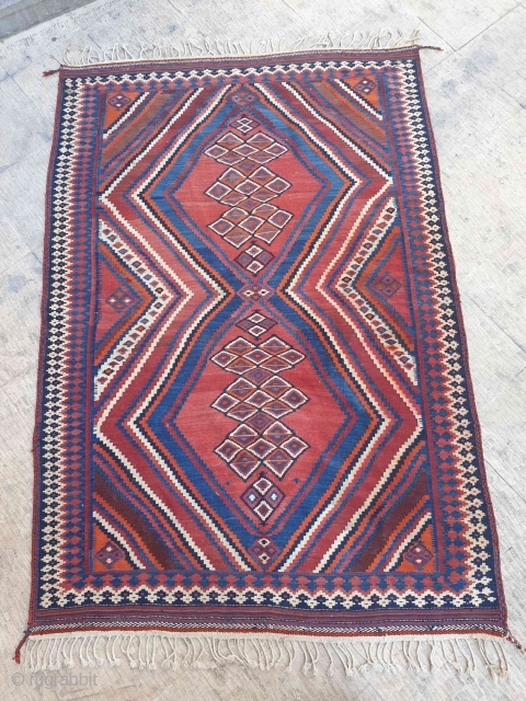 This is an Afshar kilim from Darab city , Darab is a border city between Qashqai's area and Afshar tribe area , there are similarities between Qashqai designs and Afshar traditions in  ...