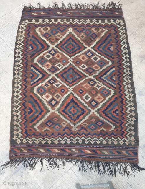 An authentic kilim from Baseri clan of Khamseh federation of Fars province , kilim is in excellent condition,  aged almost 100 years old , all colours are naturally dyed, warps are  ...