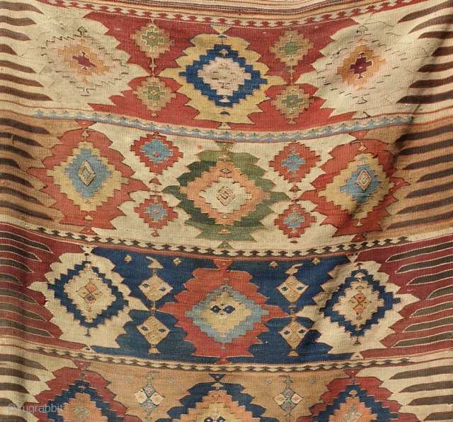 Fascinating KHALAJ kilim 
Aged 150 - 160 years old (circa 1860)
Almost in good  condition,fringes are a bit damaged
Have three holes(as small as a coin)
Needs simple wash with water
Measurements  290*172 cm  ...