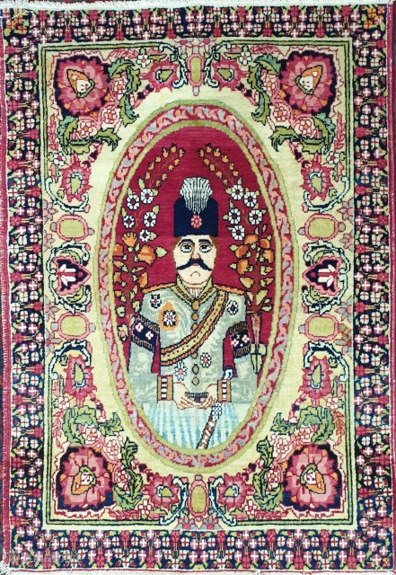 Illustrious kerman rug depicting NASER EL-DIN SHAH king of qajar, state of preservation is almost good except minor area that piles are a bit shorter 
Size 82 * 58 cm 
  