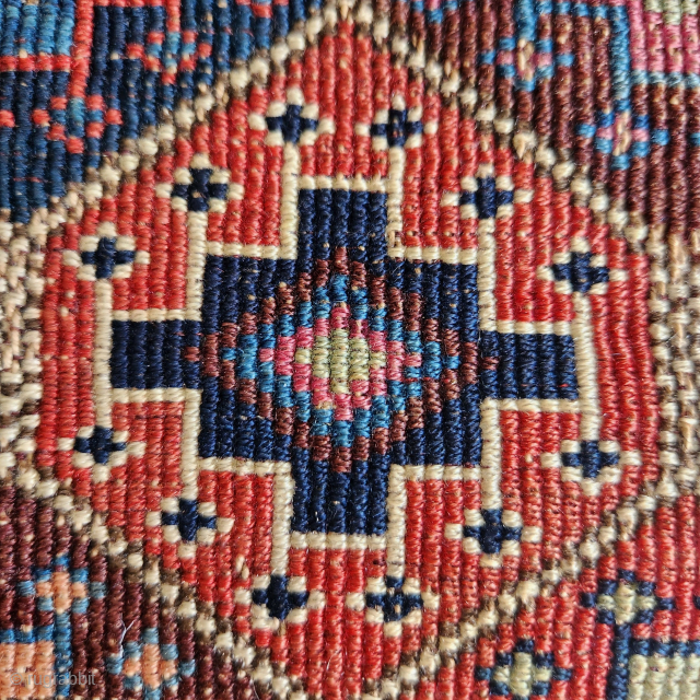Shahsavan reverse soumak, 19C. Measures roughly 62cmx60cm.  Natural colours with cochineal. Good condition ...some surface wear and minor side splitting... see pics. Quite a floppy handle for this type.

Ships from Australia.

richardfromdurban@gmail.com  ...