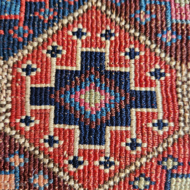 Shahsavan reverse soumak, 19c. Measures roughly 62cmx60cm. Excellent range of natural colours including cochineal. Comes with original back. Good condition ...some surface wear and minor side splitting... see pics. Great old piece.  ...